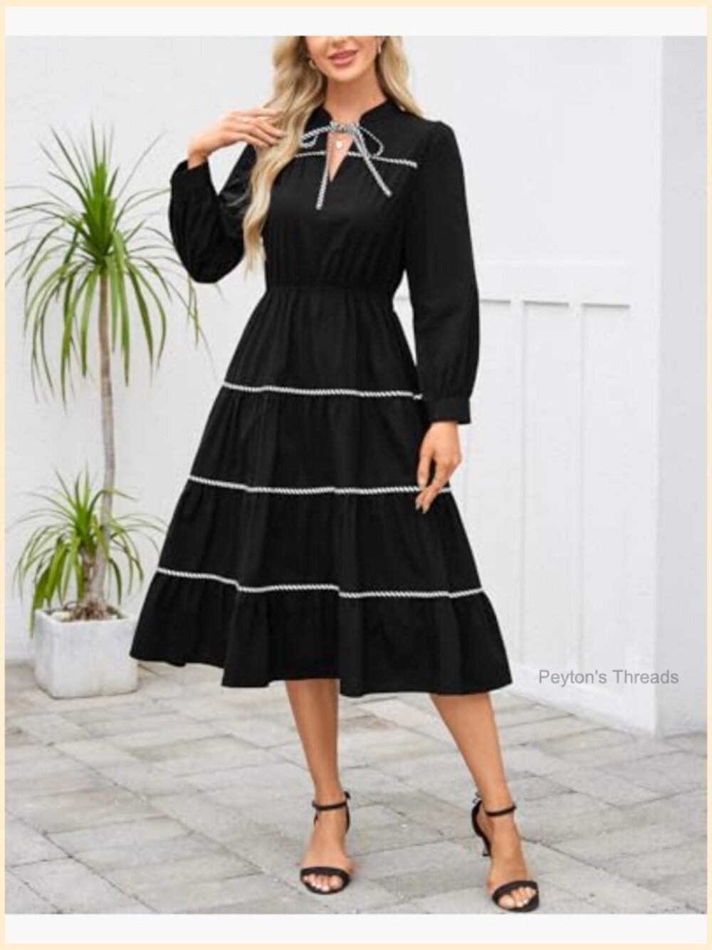 Women's Long Sleeve Tiered Midi Dress V Neck Elastic Waist Flowy Ruffle Dress - Picture 2 of 6